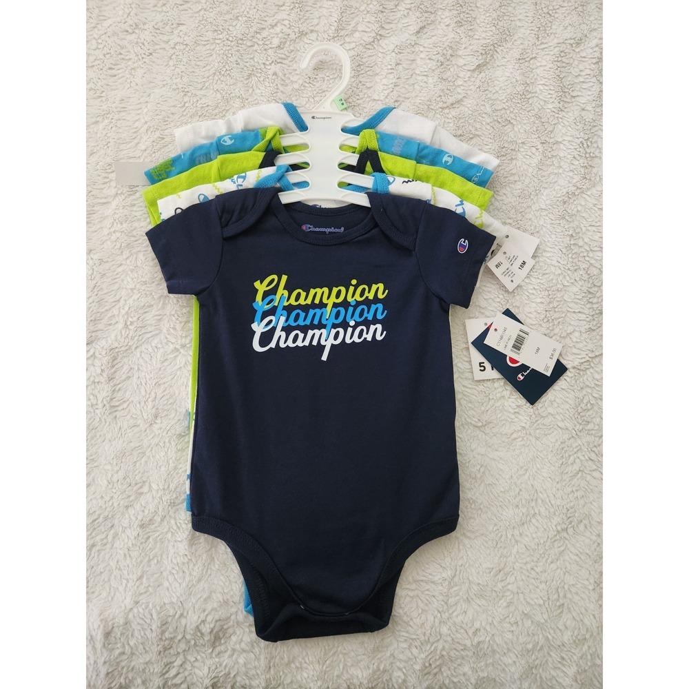 Champion Baby Boys One Piece 5 Pack NWT 18M Bodysuits Lime Green Blue Navy White